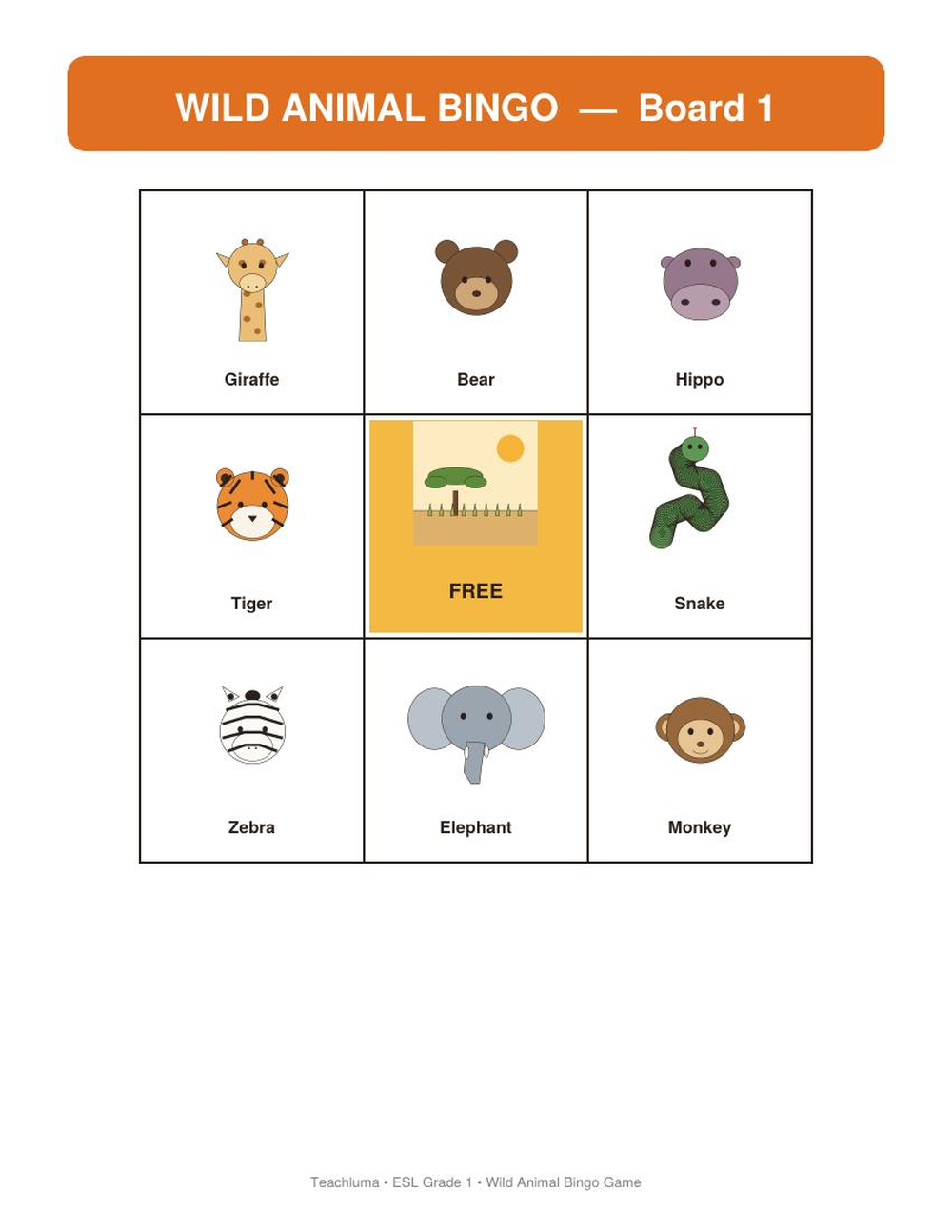 Wild Animal Bingo Game