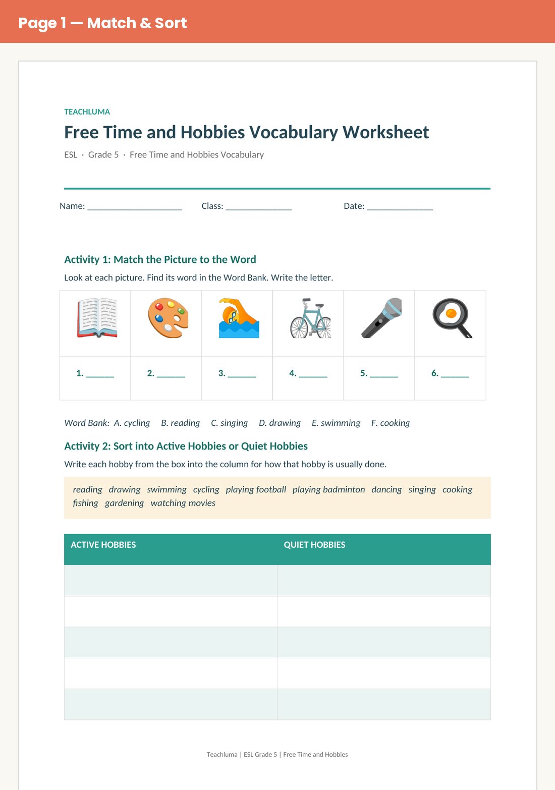 Grade 5 Free Time and Hobbies Vocabulary Worksheet