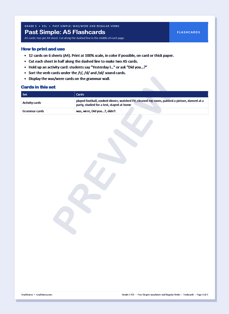 Preview of Grade 5 ESL Flashcards: Past Simple — was/were and Regular Verbs