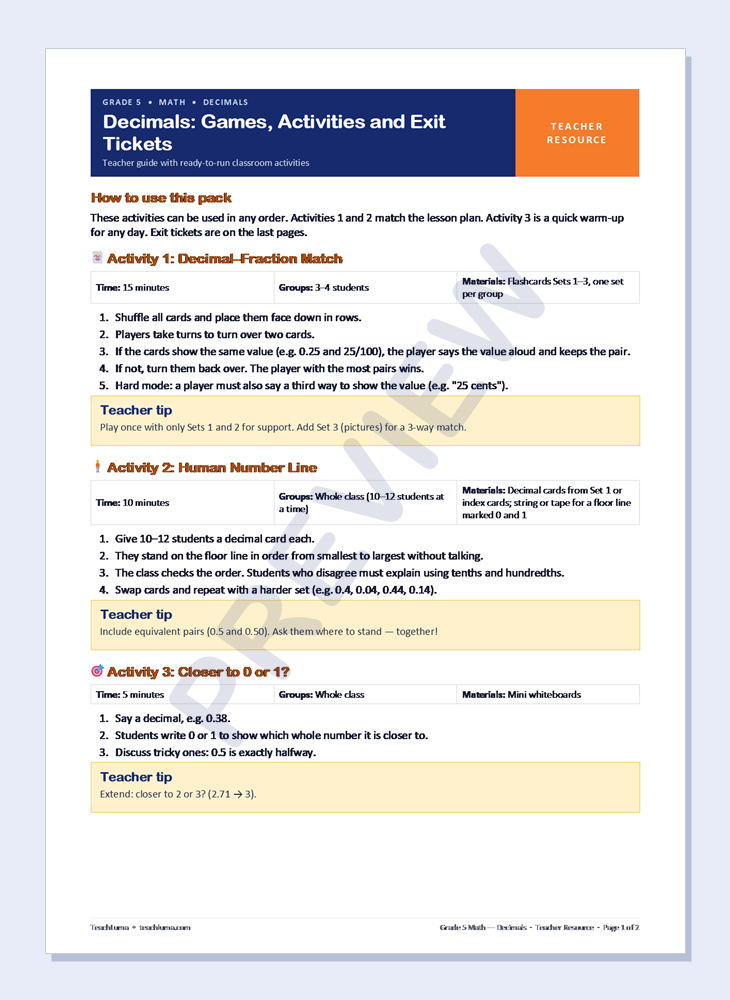 Preview of Grade 5 Math Teacher Resources: Decimals — Games, Activities and Exit Tickets