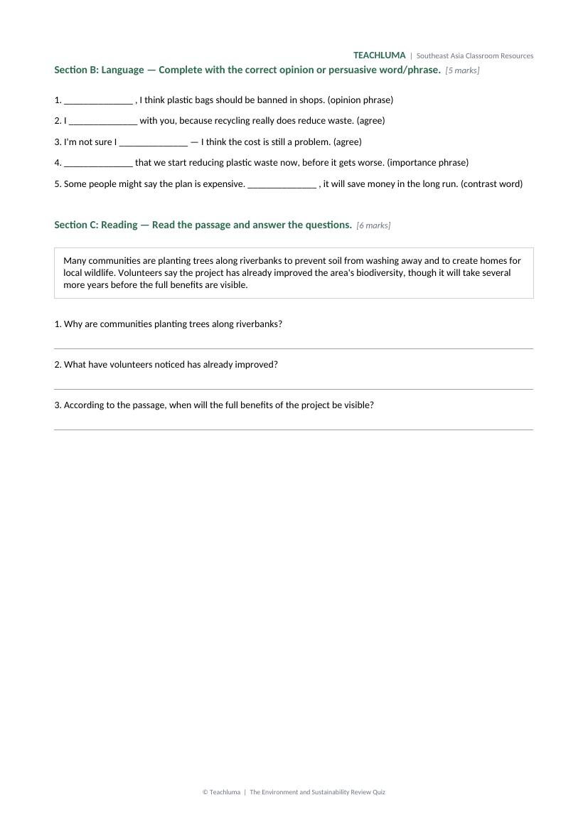 Grade 9 The Environment and Sustainability Review Quiz