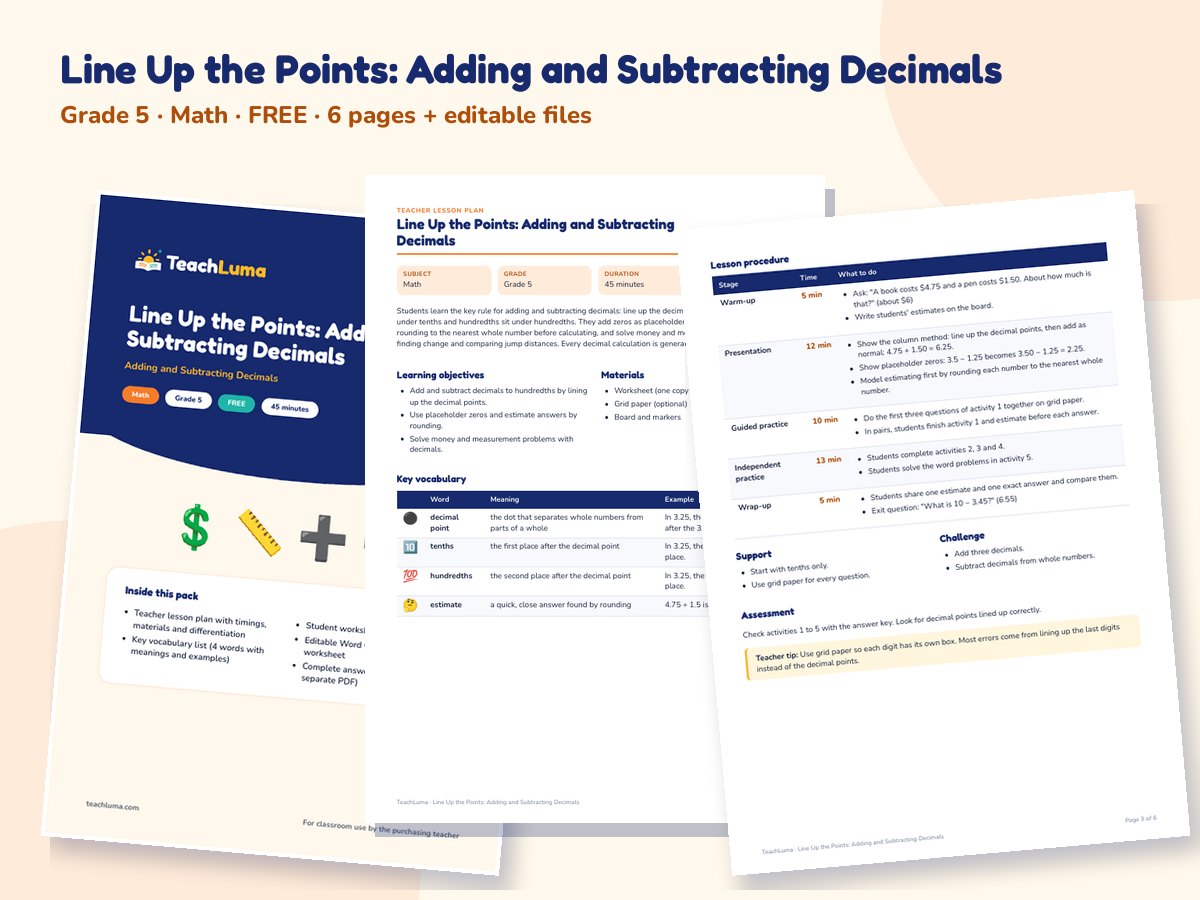 Preview of Line Up the Points: Adding and Subtracting Decimals