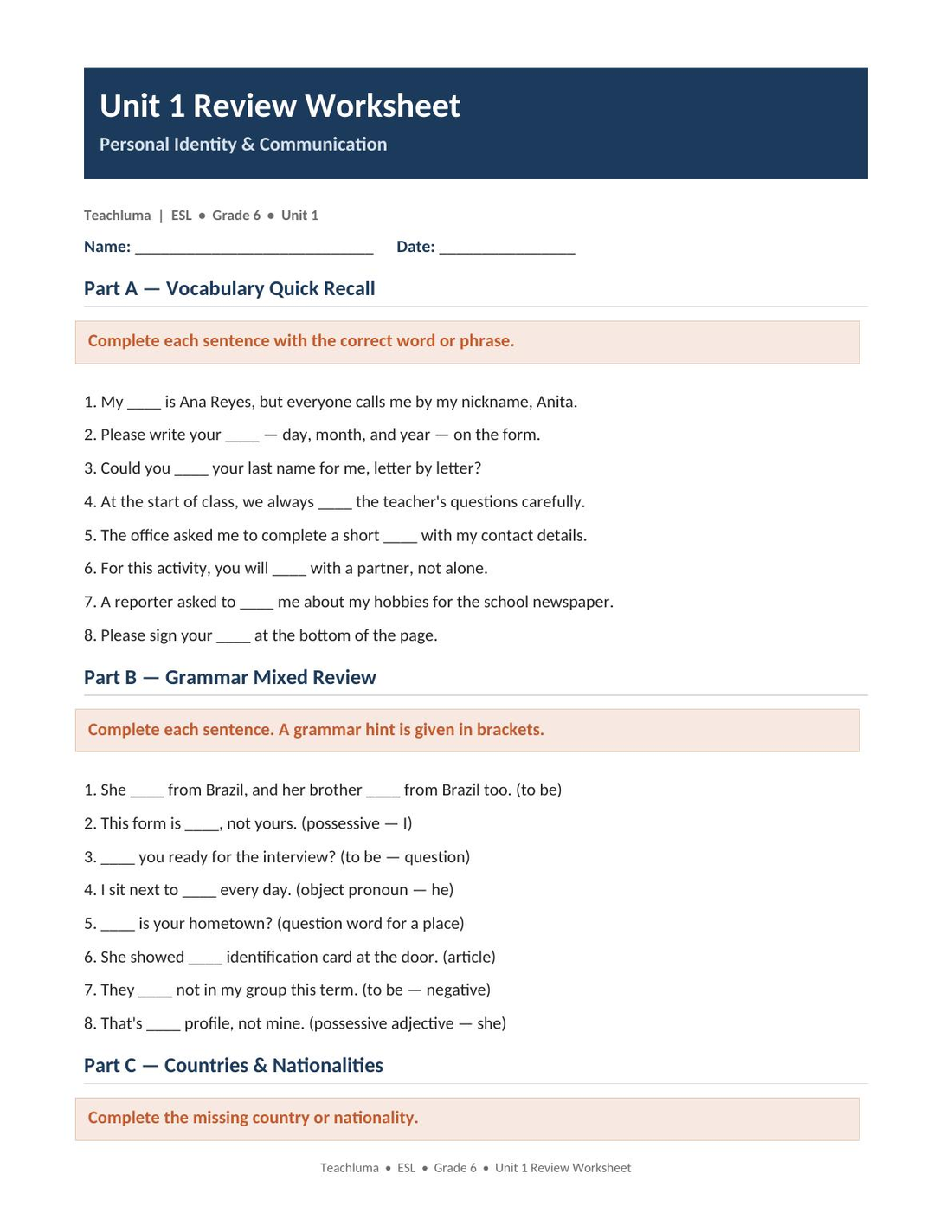 Unit 1 Review Worksheet — Personal Identity & Communication