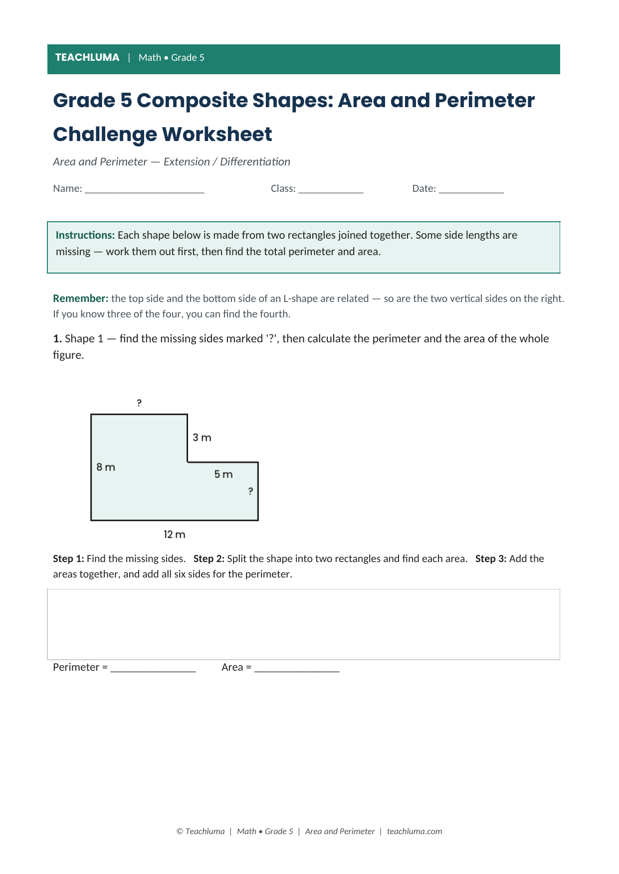 Grade 5 Composite Shapes: Area and Perimeter Challenge Worksheet