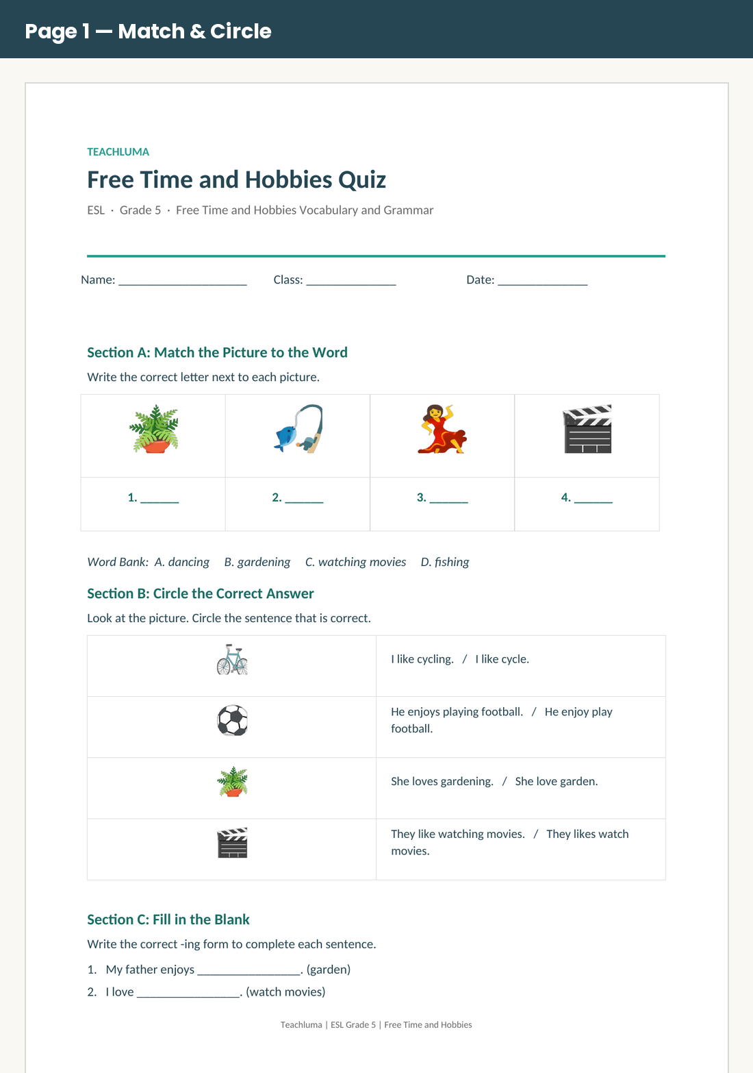 Grade 5 Free Time and Hobbies Quiz
