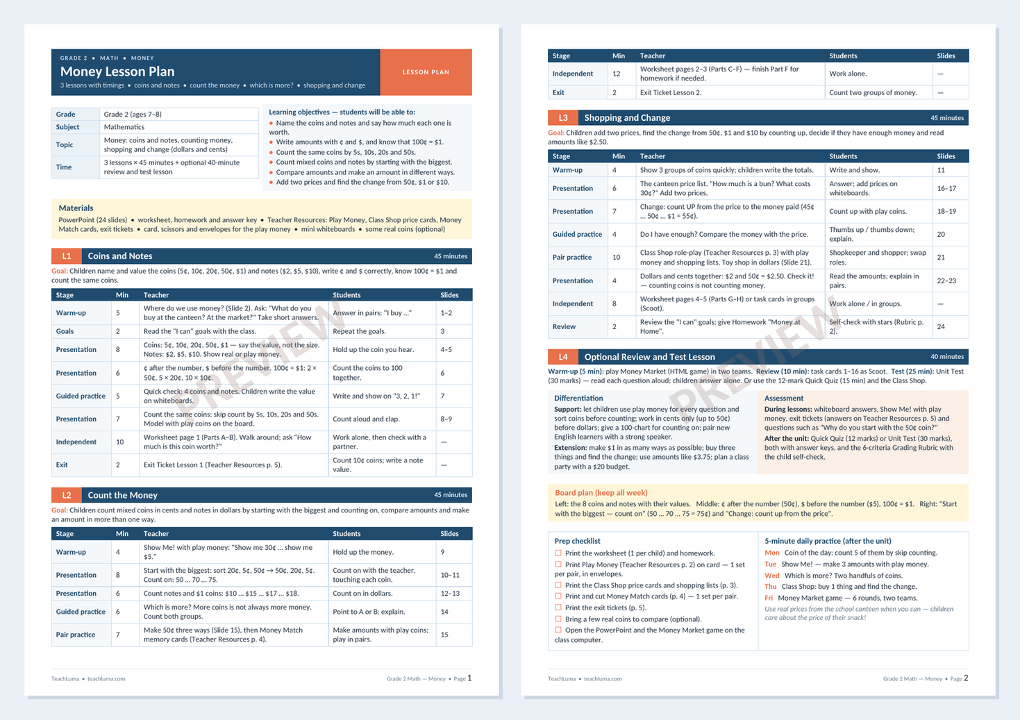 Preview of Grade 2 Math Lesson Plan: Money — 3 Lessons with Timings