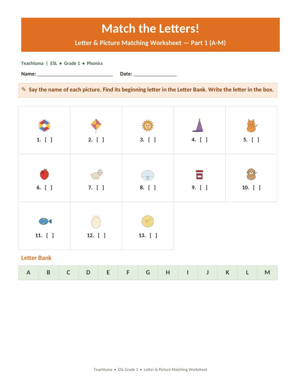 Letter & Picture Matching Worksheet