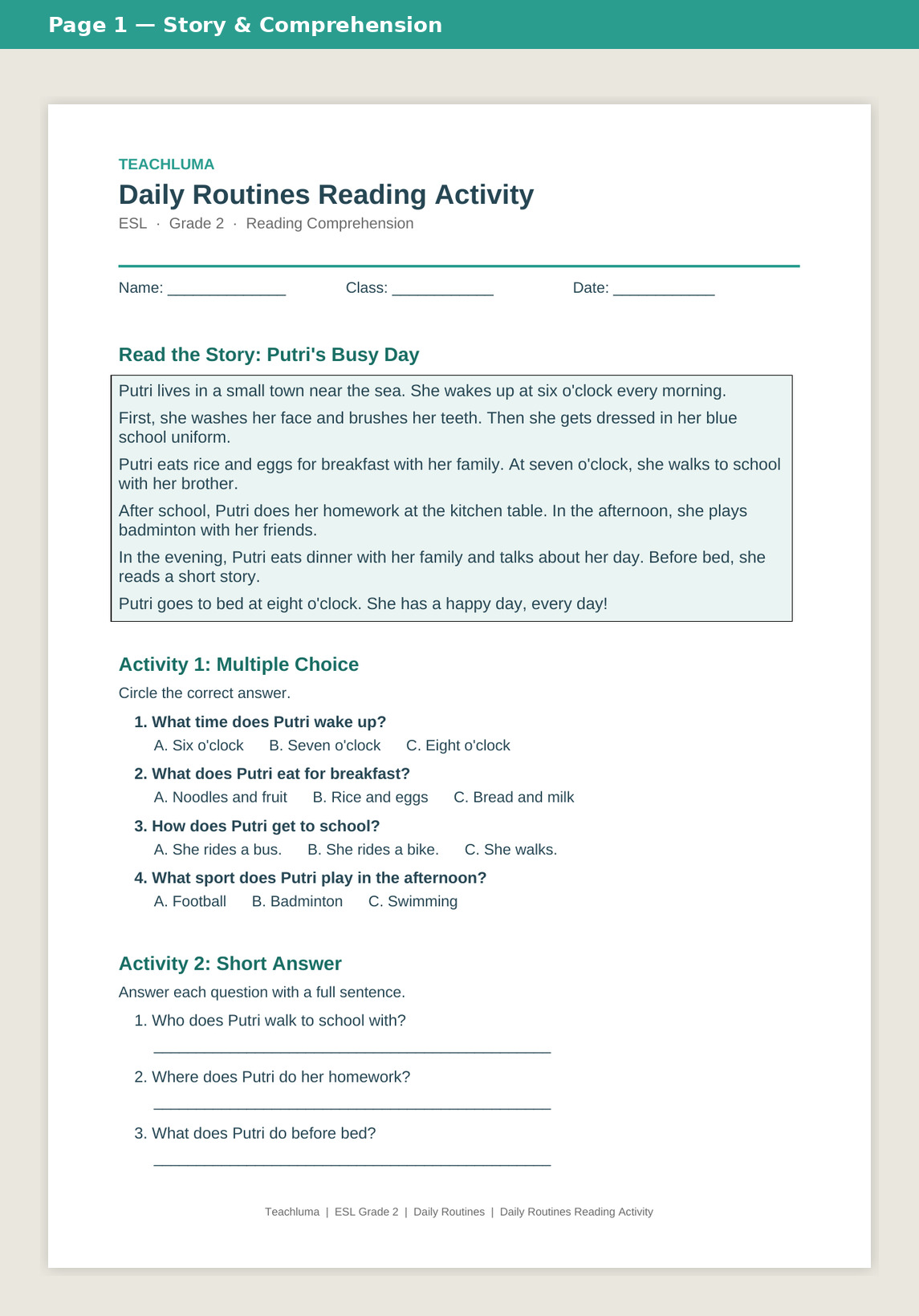 Grade 2 Daily Routines Reading Activity: Putri's Busy Day