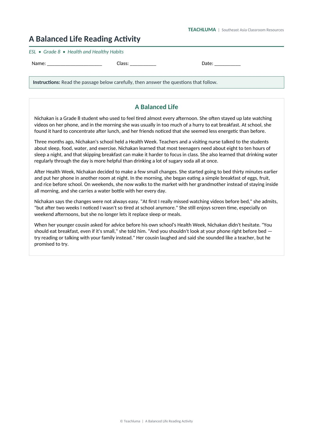 A Balanced Life Reading Activity