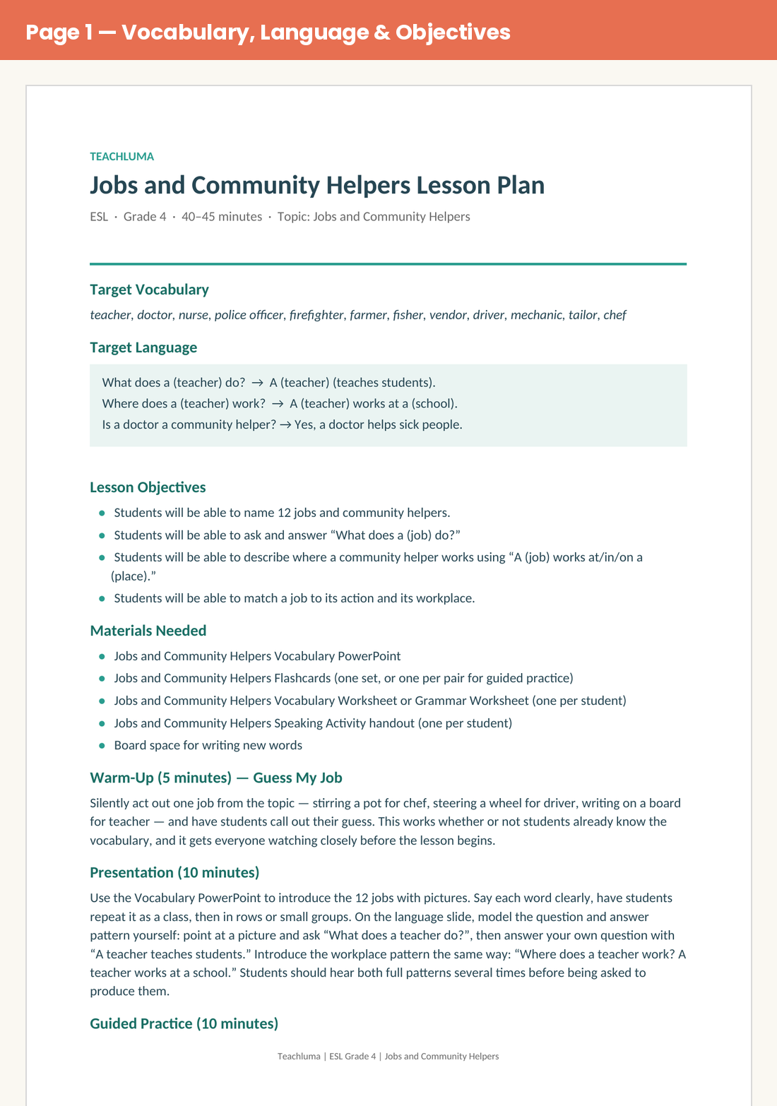 Grade 4 Jobs and Community Helpers Lesson Plan