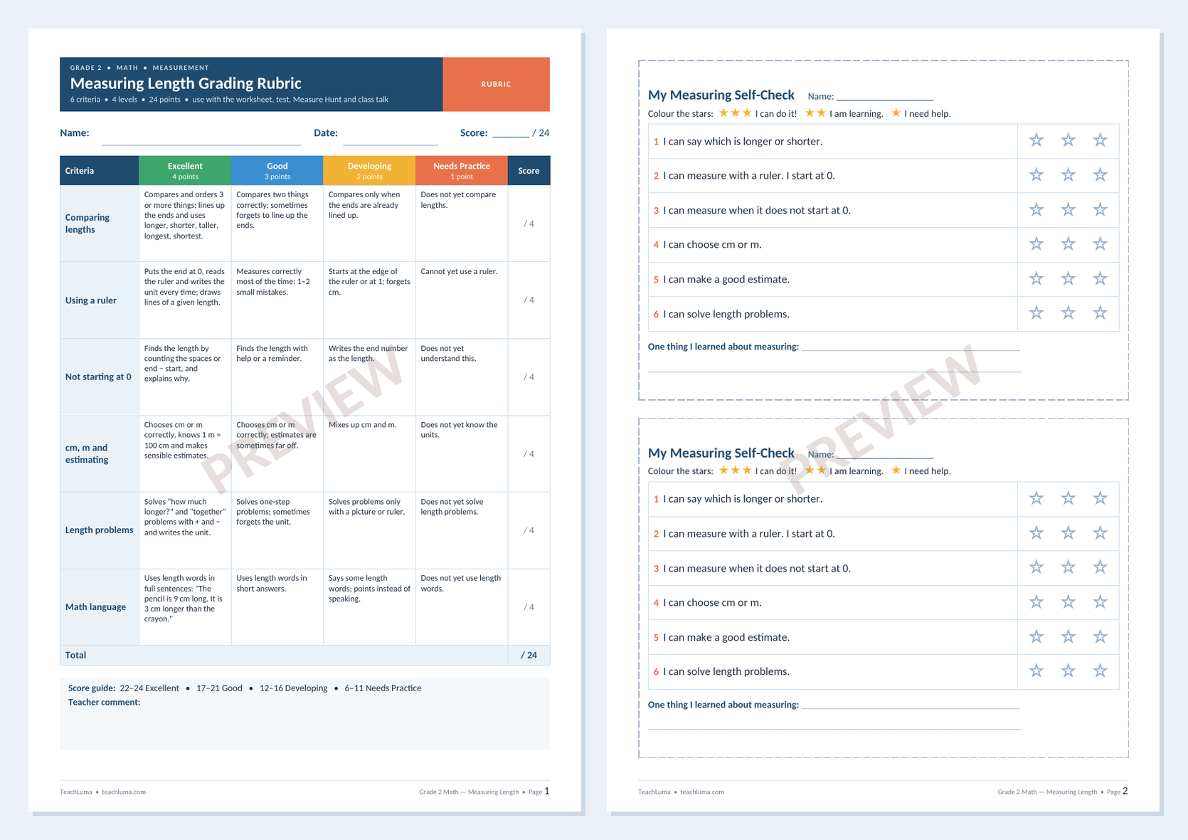 Preview of Grade 2 Math Grading Rubric: Measuring Length + Student Self-Check