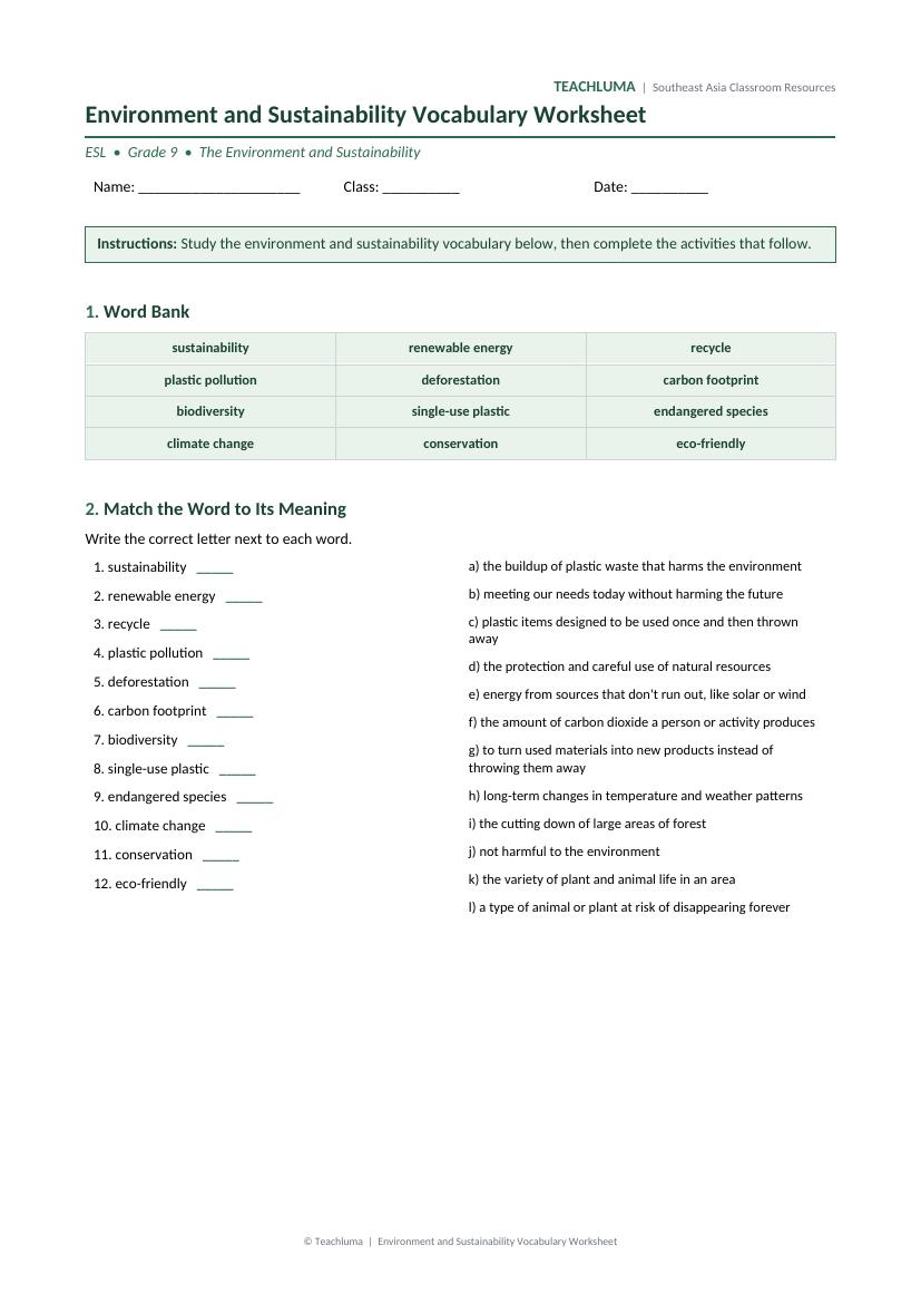 Grade 9 Environment and Sustainability Vocabulary Worksheet