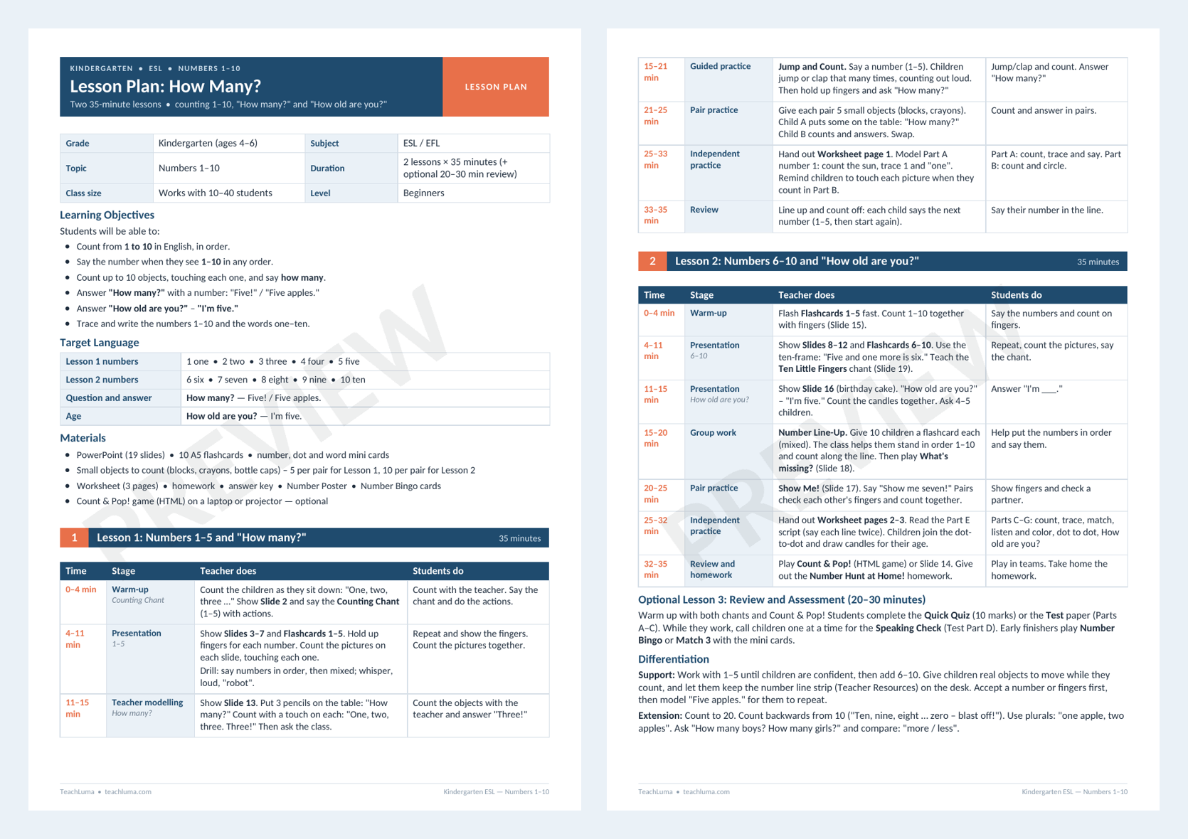 Preview of Kindergarten ESL Lesson Plan: Numbers 1–10 — How Many?