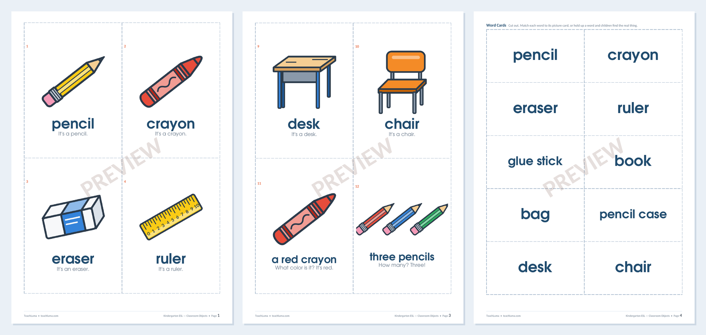 Preview of Kindergarten ESL Flashcards: Classroom Objects — 10 Picture Cards + Word Cards