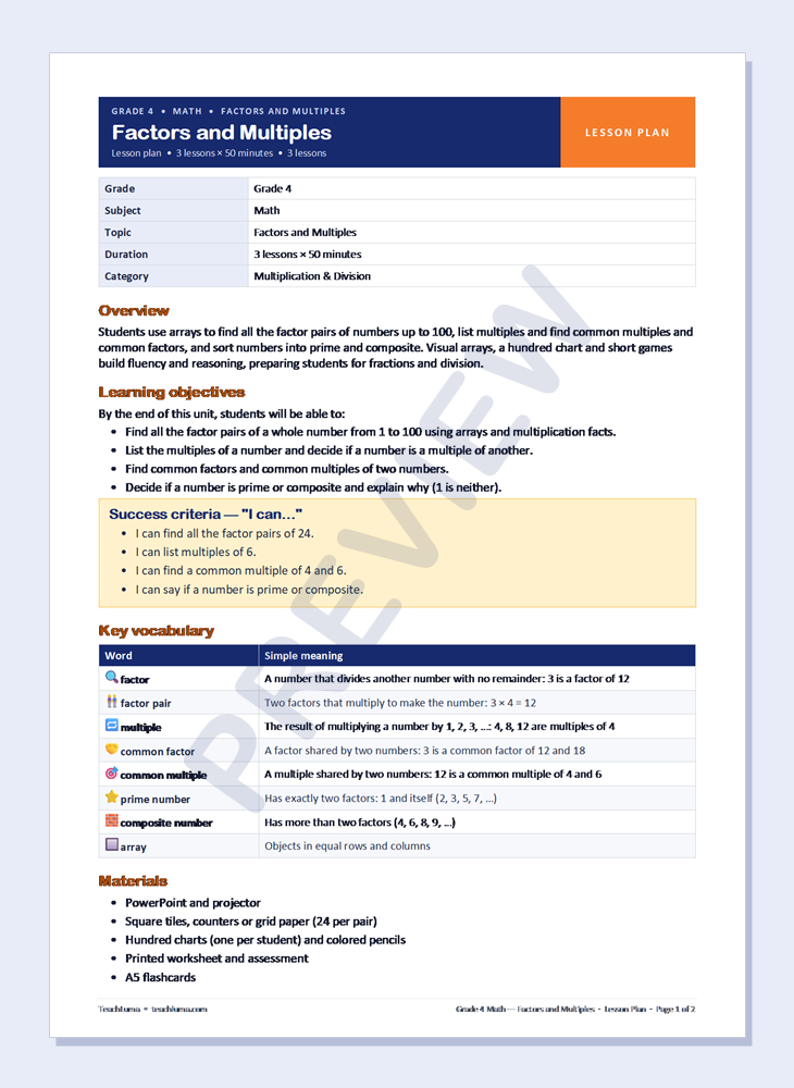 Preview of Grade 4 Math Lesson Plan: Factors and Multiples