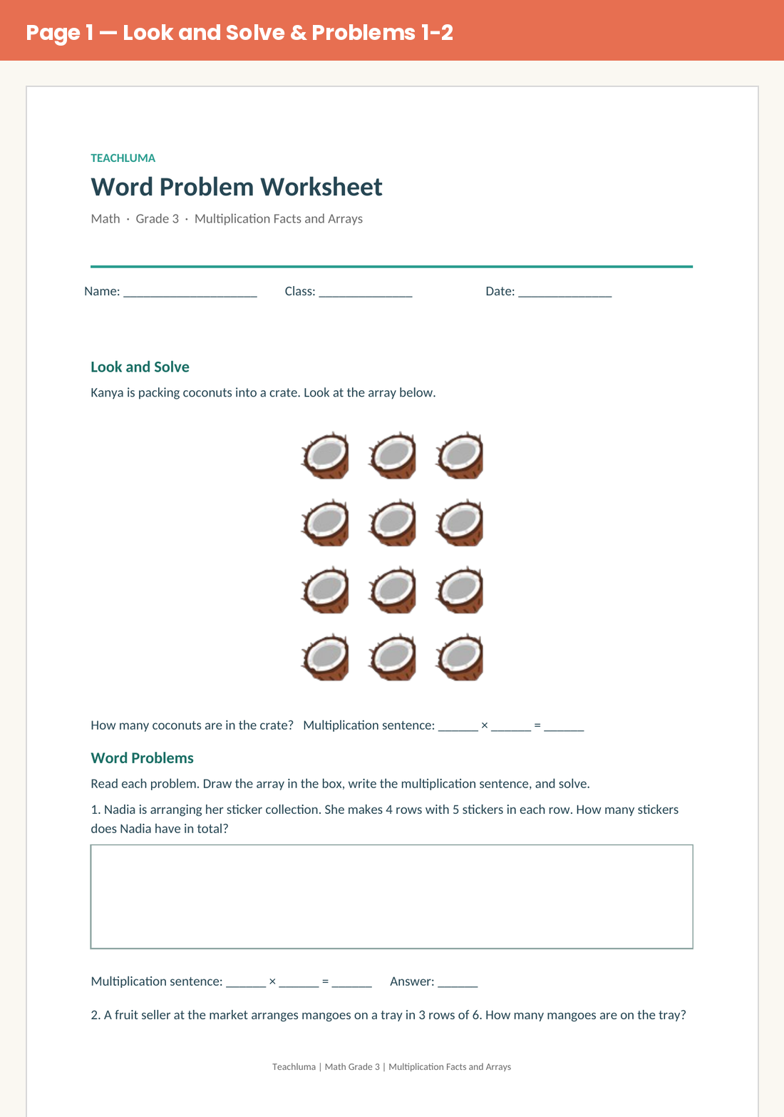 Grade 3 Multiplication Word Problem Worksheet