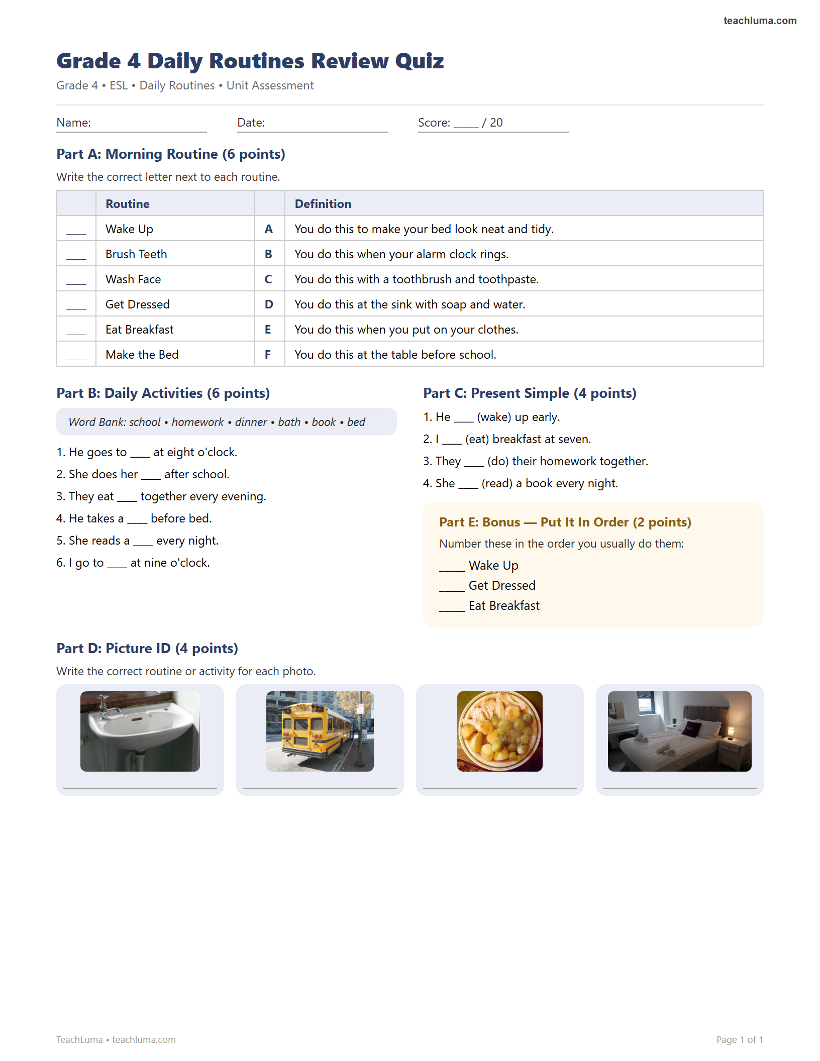 Preview of Grade 4 Daily Routines Review Quiz
