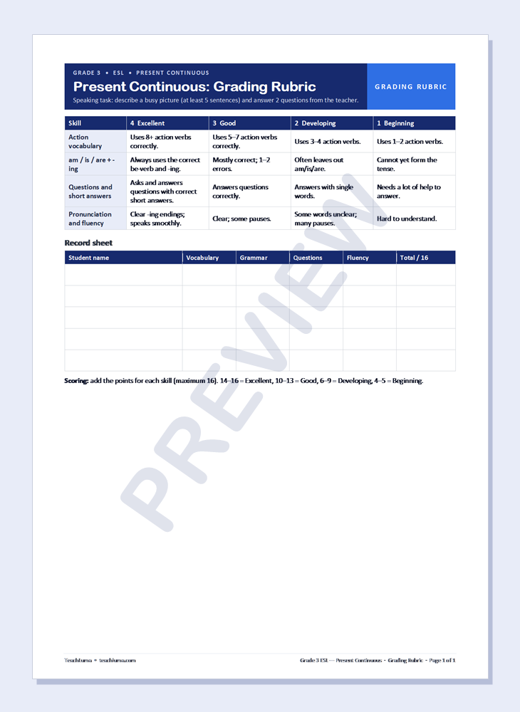 Preview of Grade 3 ESL Grading Rubric: Present Continuous — Vocabulary, Grammar, Questions, Fluency