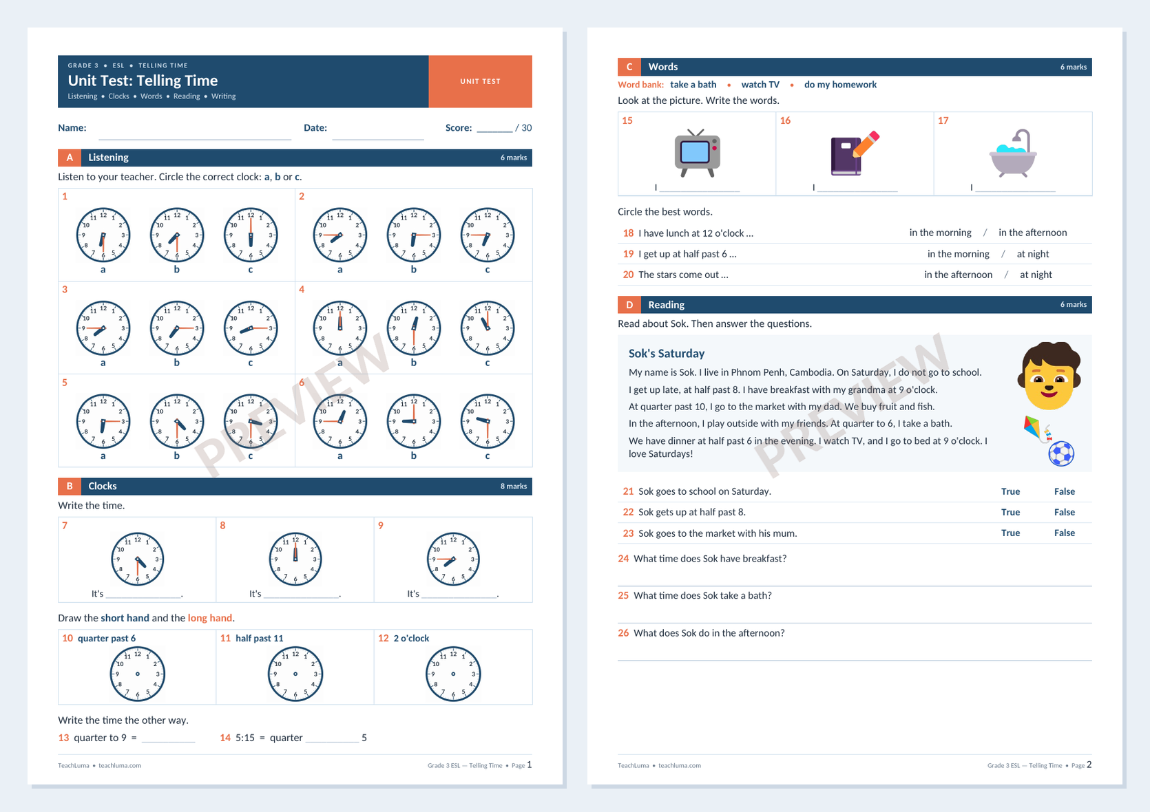 Preview of Grade 3 ESL Test: Telling Time — Paper and Speaking Check (40 Marks)