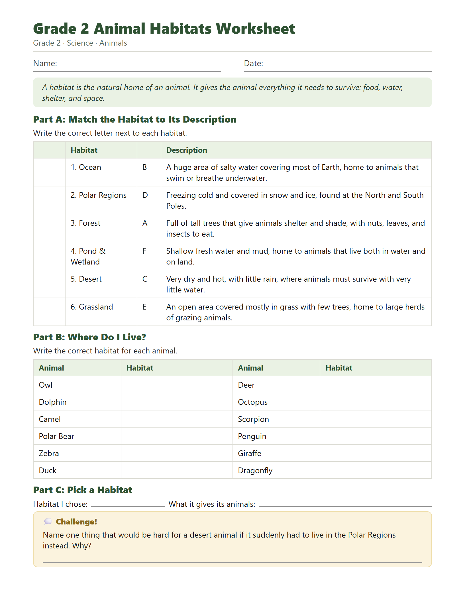 Preview of Grade 2 Animal Habitats Worksheet