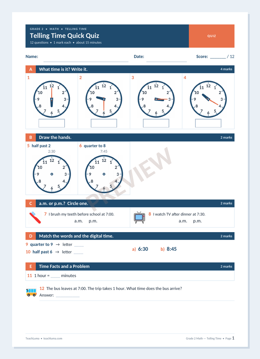 Preview of Grade 2 Math Quick Quiz: Telling Time (12 Marks)