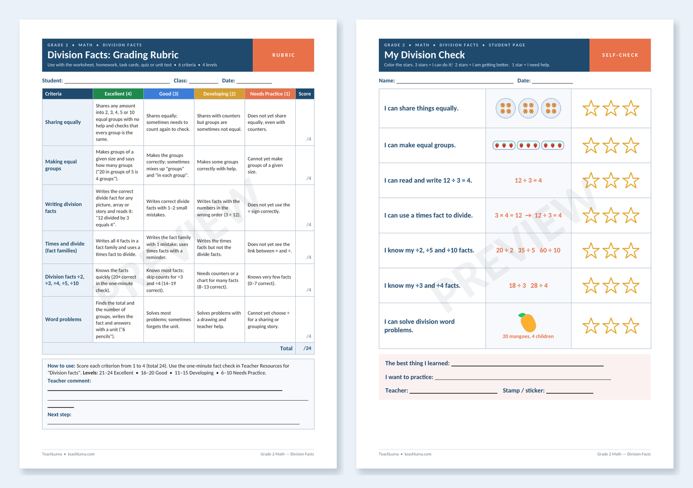 Preview of Grade 2 Math Grading Rubric: Division Facts — with Student Self-Check