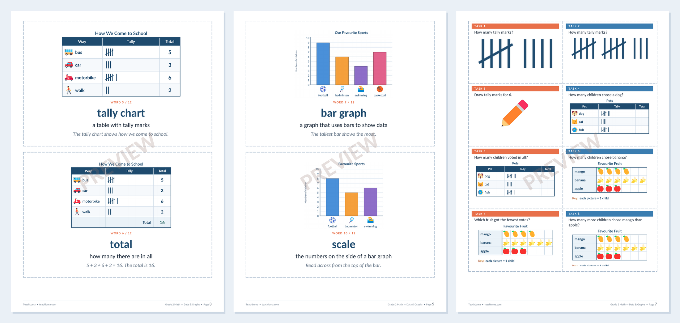 Preview of Grade 2 Math Flashcards and Task Cards: Data & Graphs