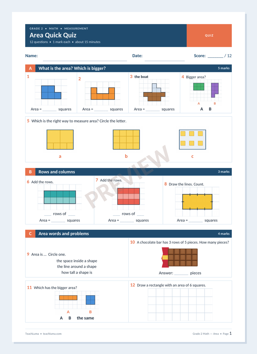 Preview of Grade 2 Math Quick Quiz: Area (12 Marks)