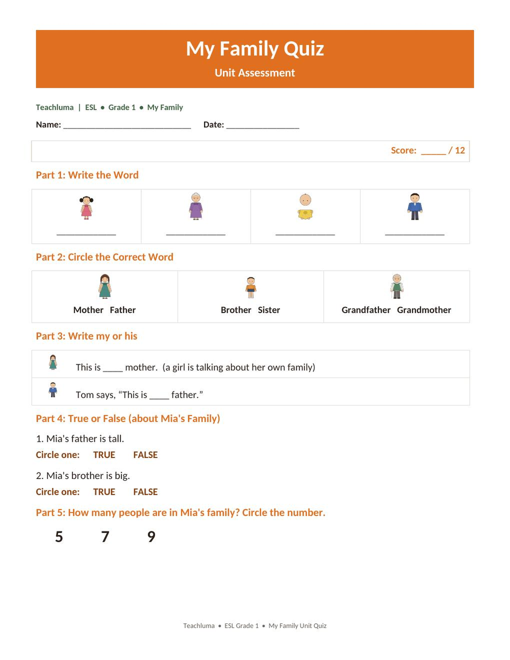 My Family — Unit Quiz / Assessment
