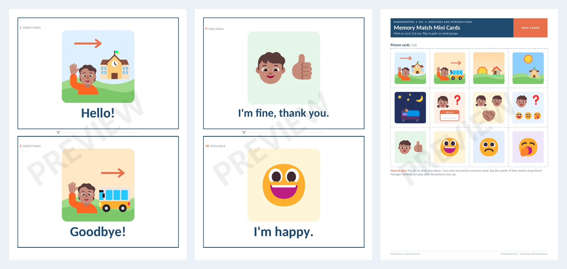 Preview of Kindergarten ESL Flashcards: Greetings and Introductions — 12 Picture Cards + Memory Match