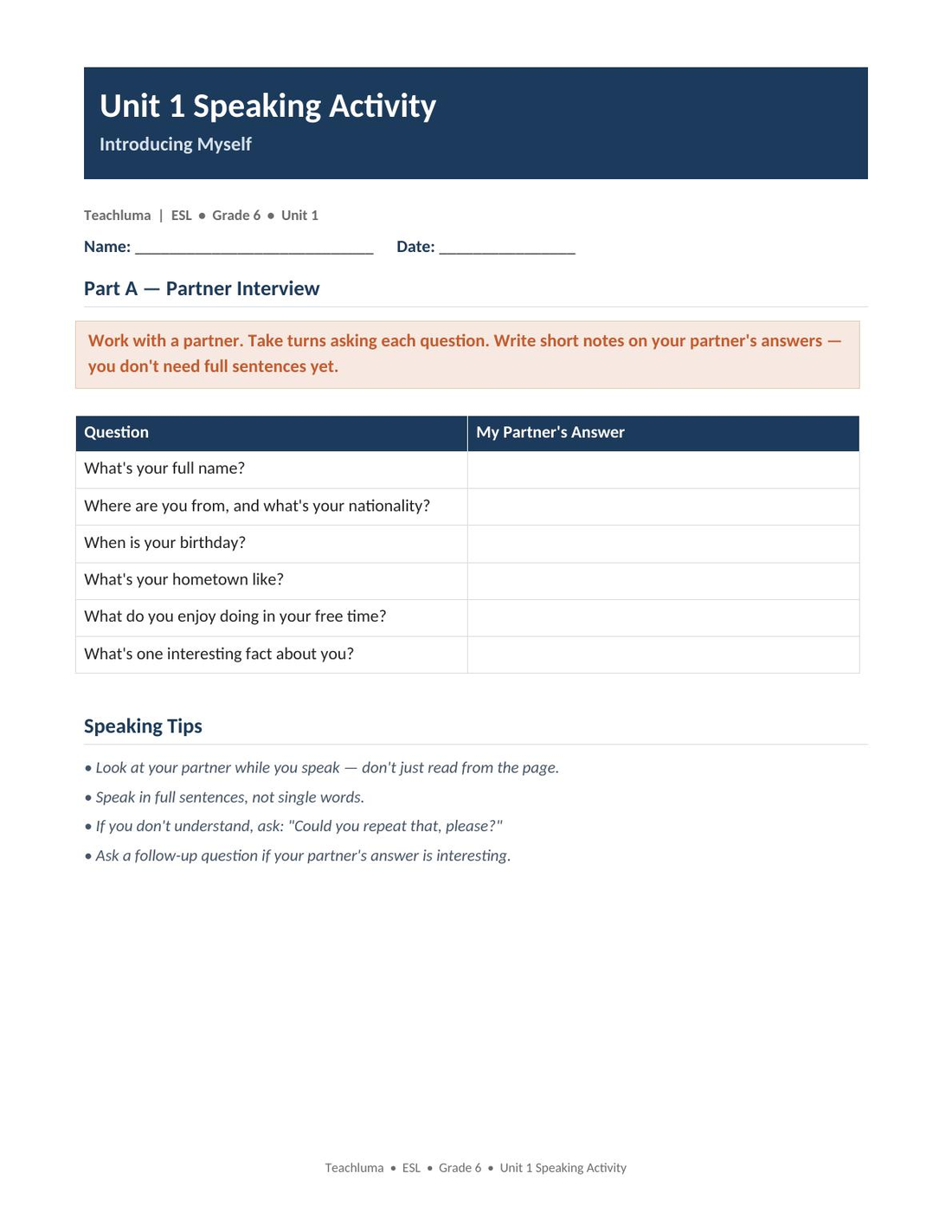Unit 1 Speaking Activity — Introducing Myself