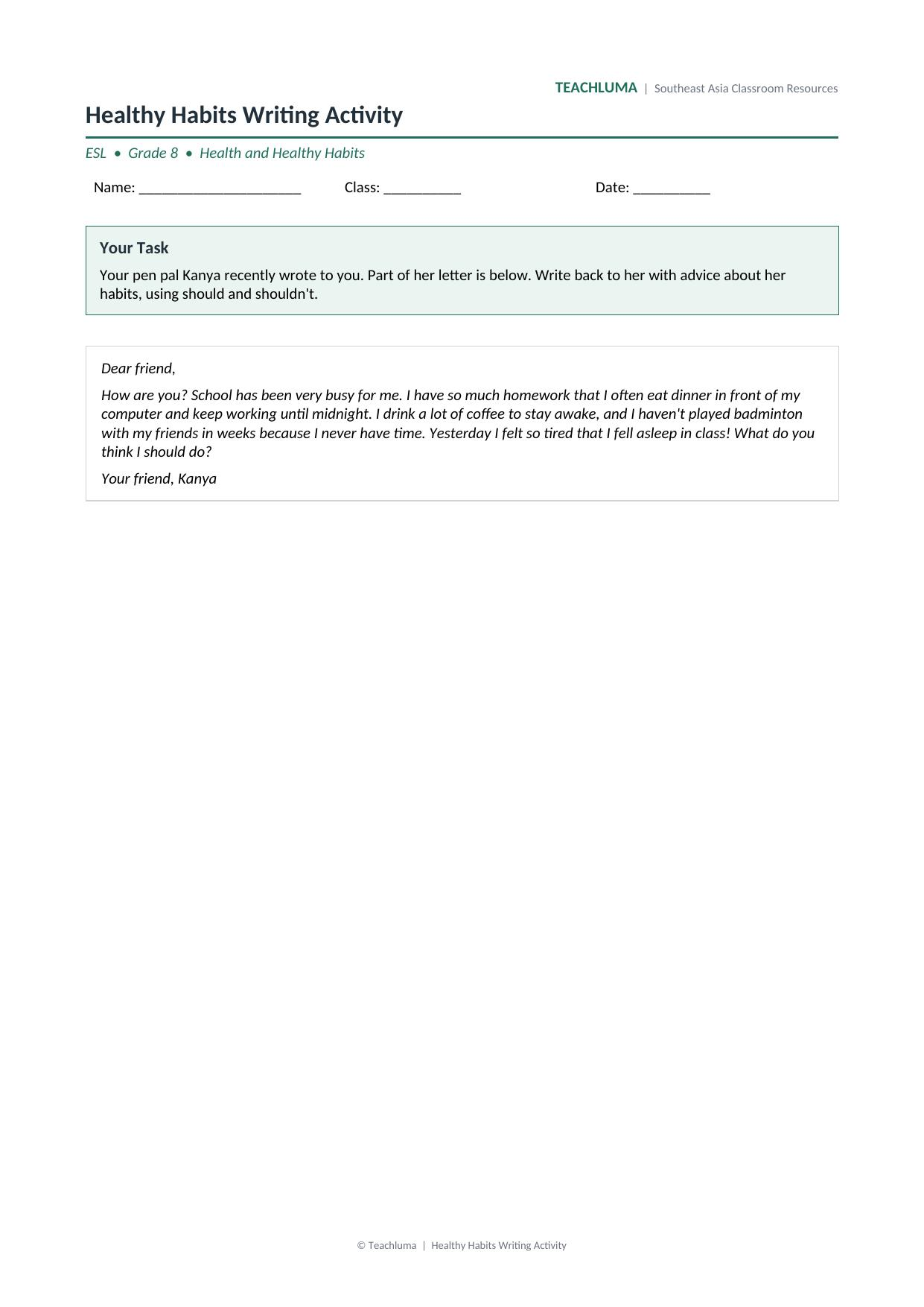 Healthy Habits Writing Activity
