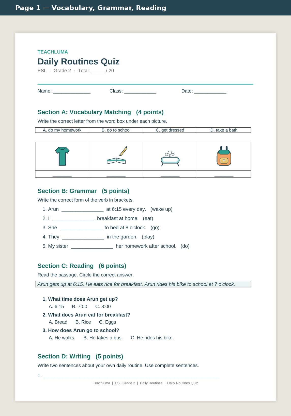 Grade 2 Daily Routines Quiz