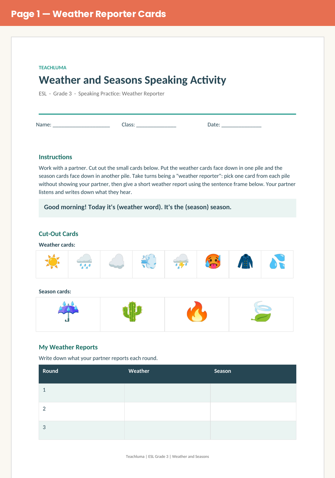 Grade 3 Weather and Seasons Speaking Activity: Weather Reporter