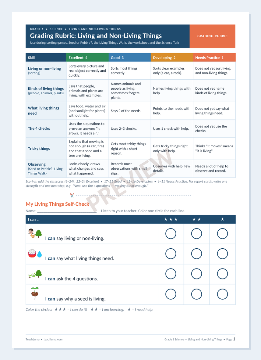 Preview of Grade 1 Science Grading Rubric: Living and Non-Living Things