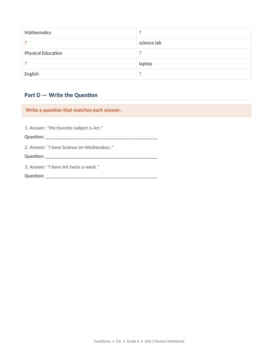 Unit 2 Review Worksheet — School Life & Learning Skills