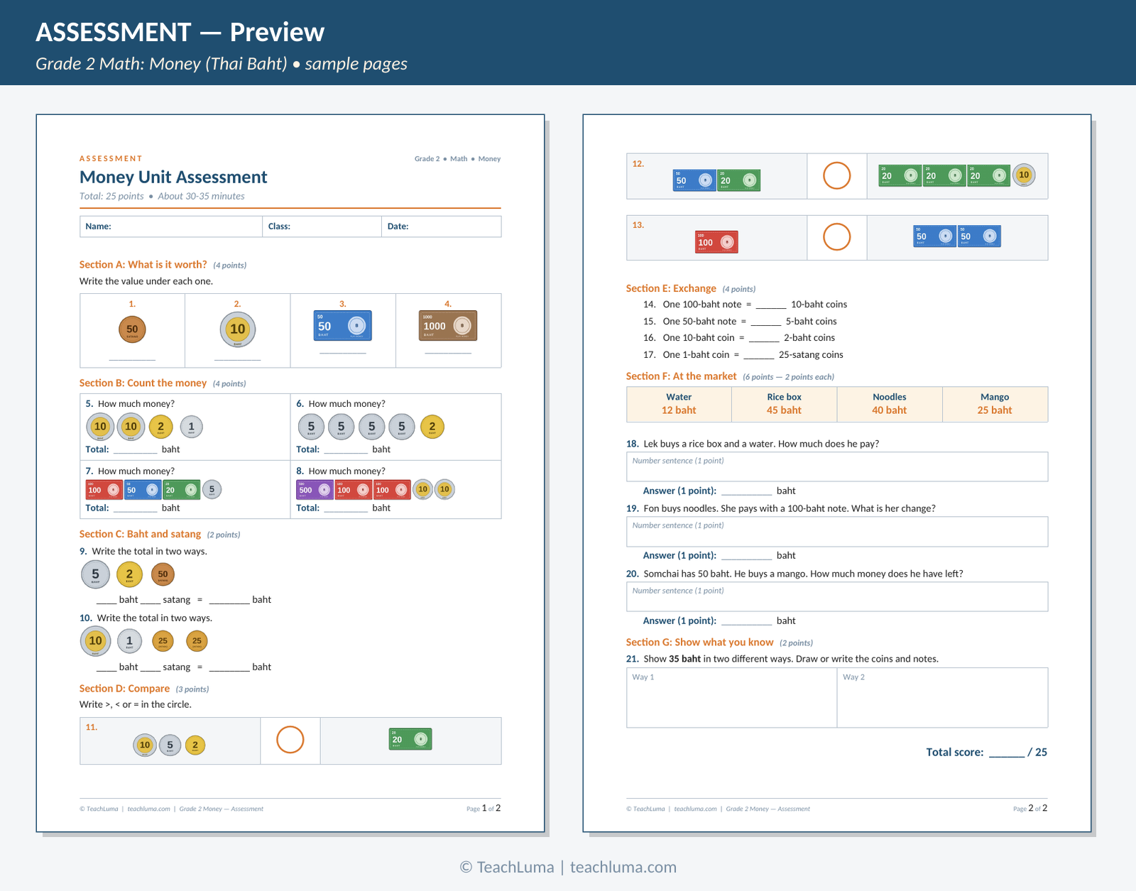 Preview of Grade 2 Money (Thai Baht) Unit Assessment + Answer Key