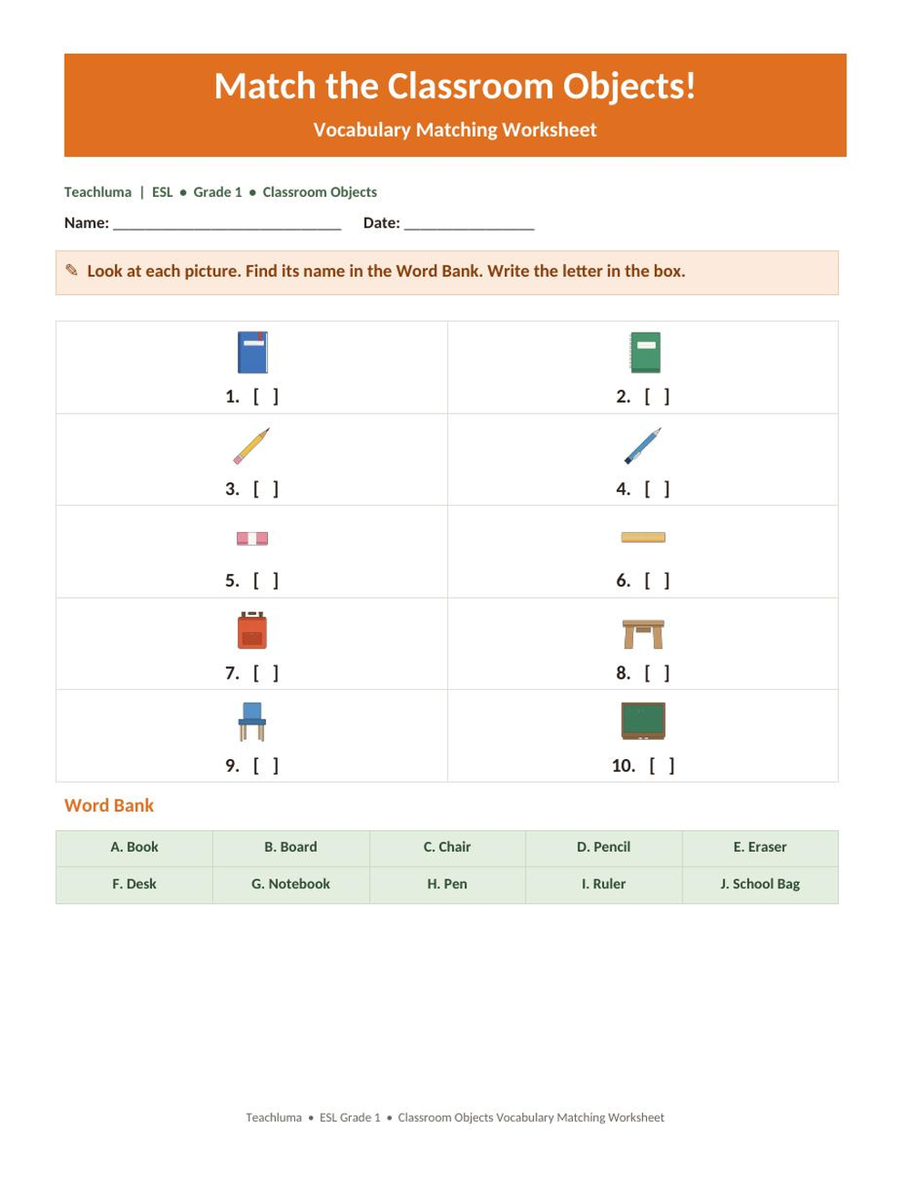 Classroom Objects — Vocabulary Matching Worksheet