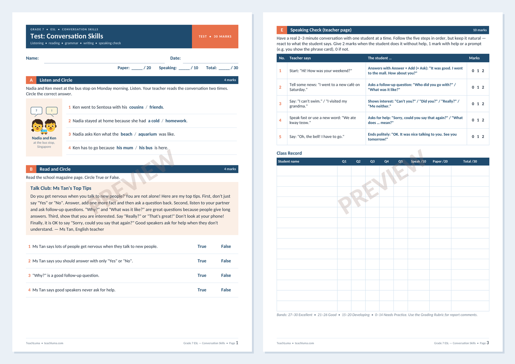 Preview of Grade 7 ESL Test: Conversation Skills — Paper and Speaking Check (30 Marks)
