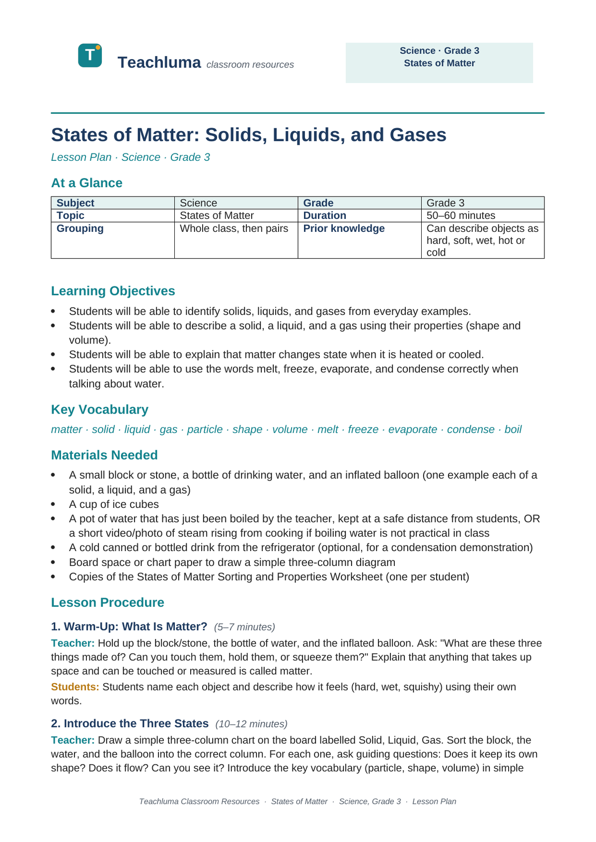 Grade 3 States of Matter Lesson Plan: Solids, Liquids, and Gases