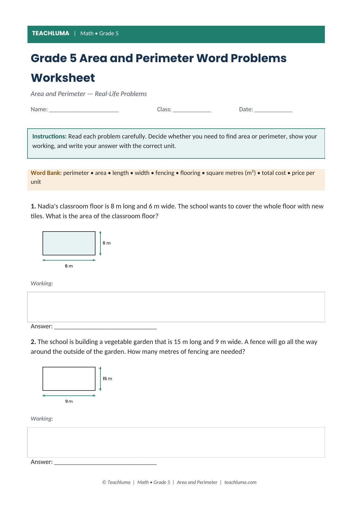 Grade 5 Area and Perimeter Word Problems Worksheet