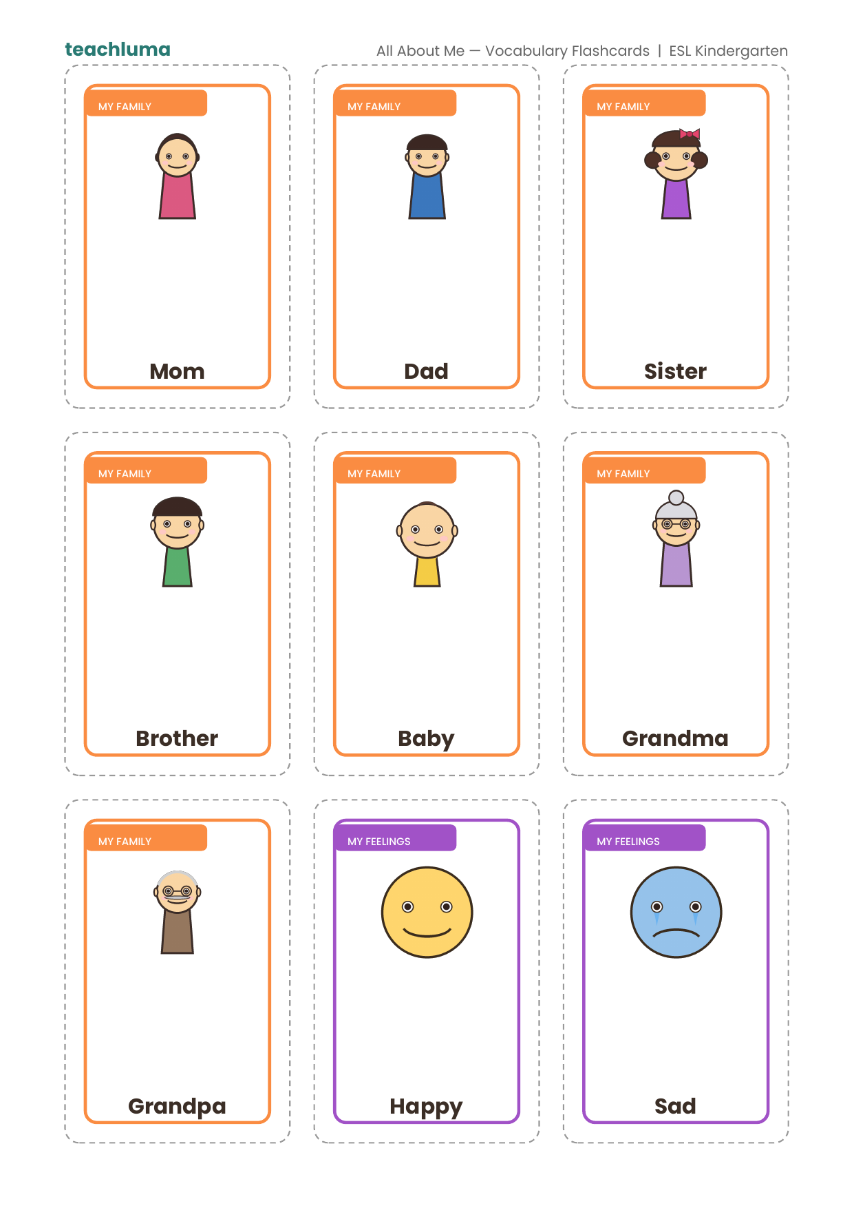 Kindergarten ESL Flashcards: All About Me (Family, Feelings and Body Parts)