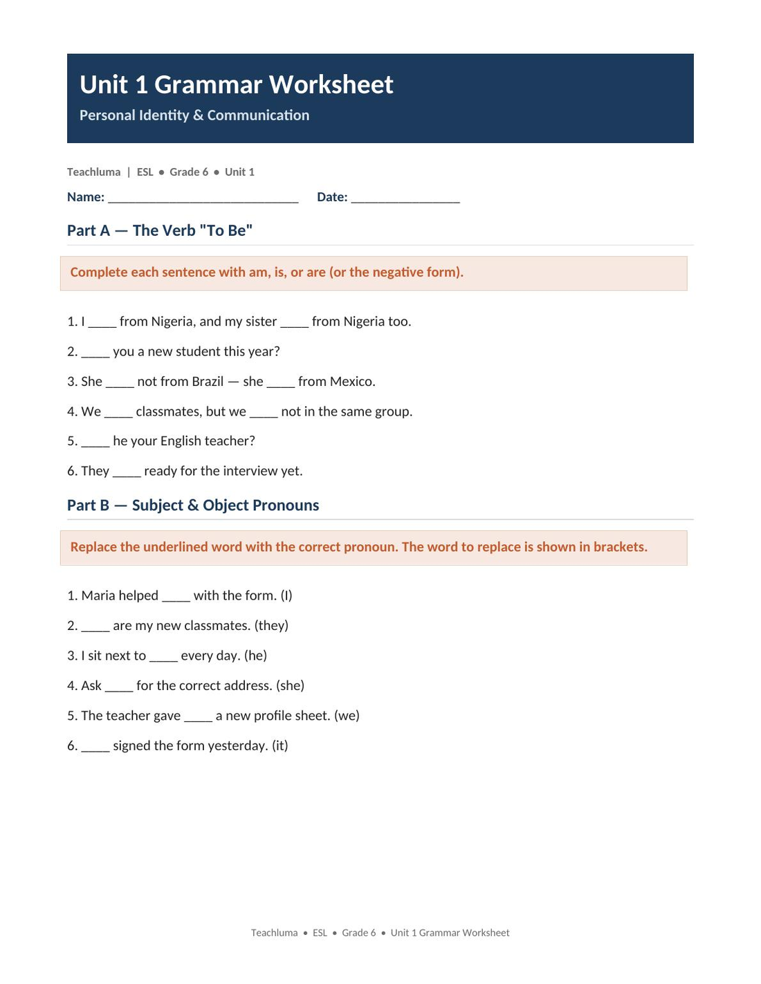 Unit 1 Grammar Worksheet — Personal Identity & Communication