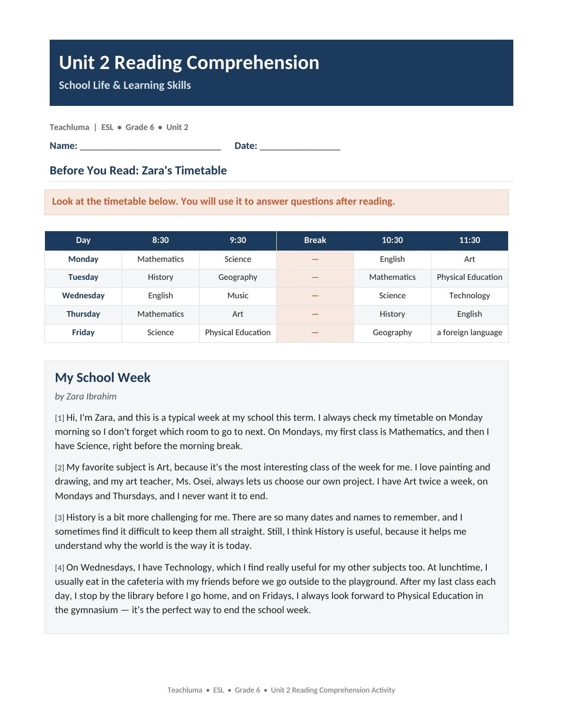 Unit 2 Reading Comprehension Activity — My School Week