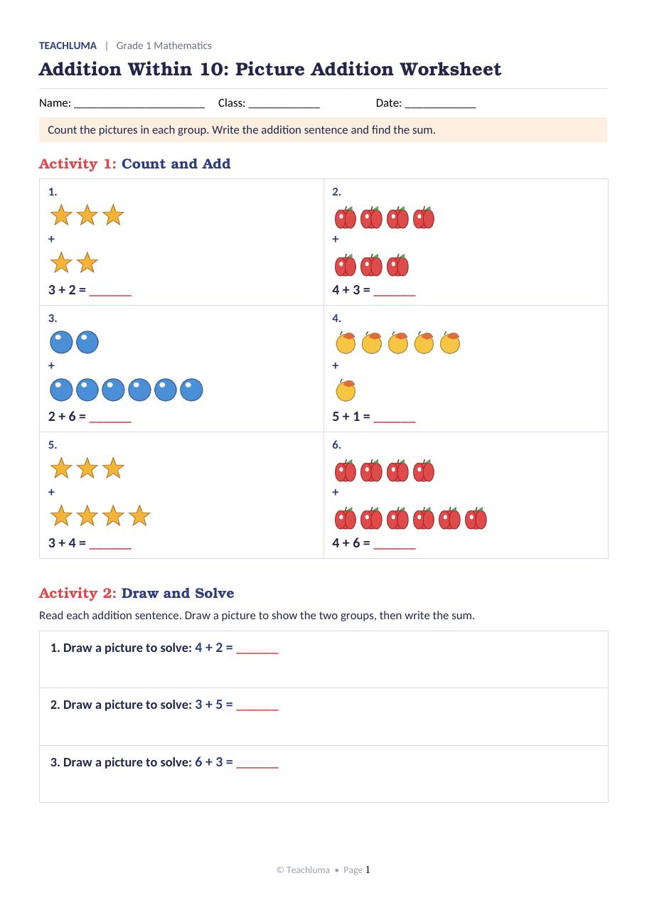 Grade 1 Addition Within 10 Picture Addition Worksheet