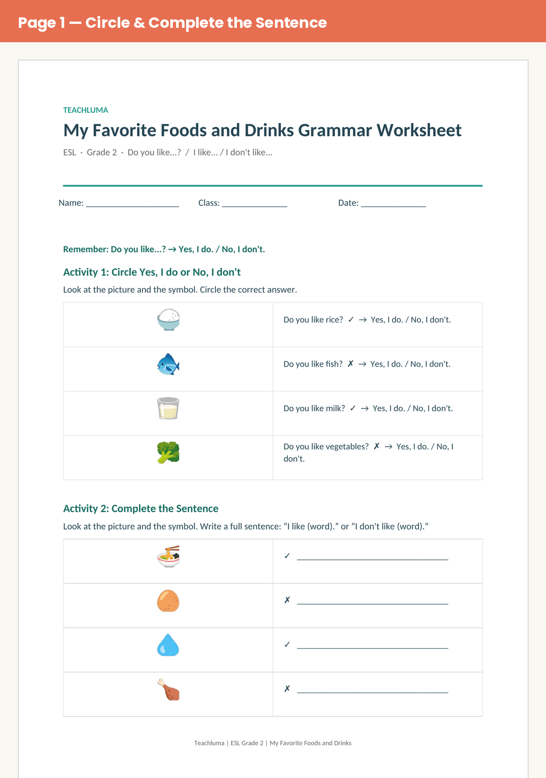 Grade 2 My Favorite Foods and Drinks Grammar Worksheet: Do You Like...?
