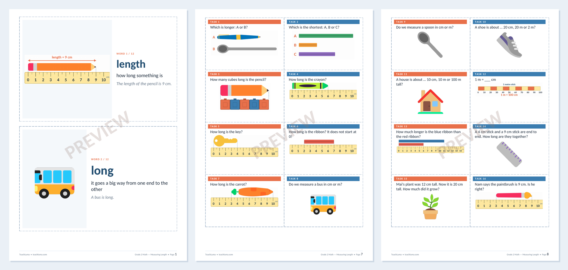 Preview of Grade 2 Math Flashcards and Task Cards: Measuring Length