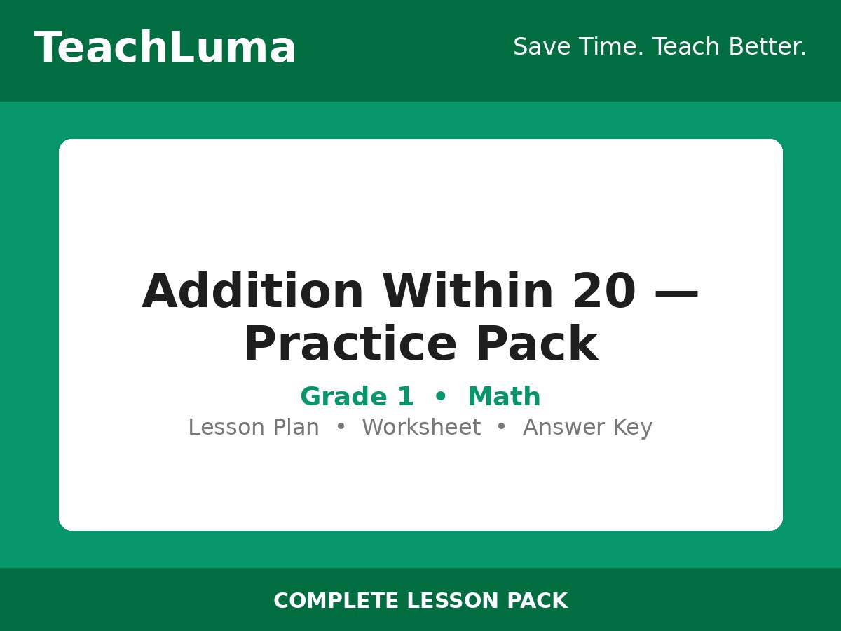 Addition Within 20 — Practice Pack