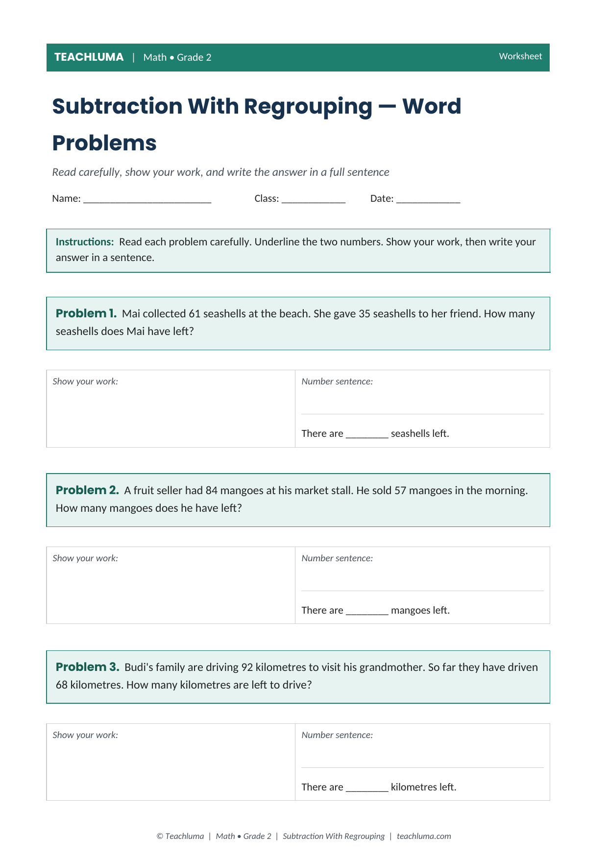 Subtraction With Regrouping Word Problems Worksheet