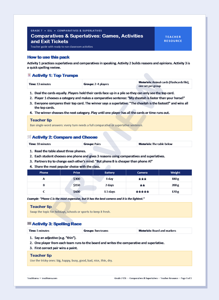 Preview of Grade 7 ESL Teacher Resources: Comparatives & Superlatives — Games, Activities and Exit Tickets